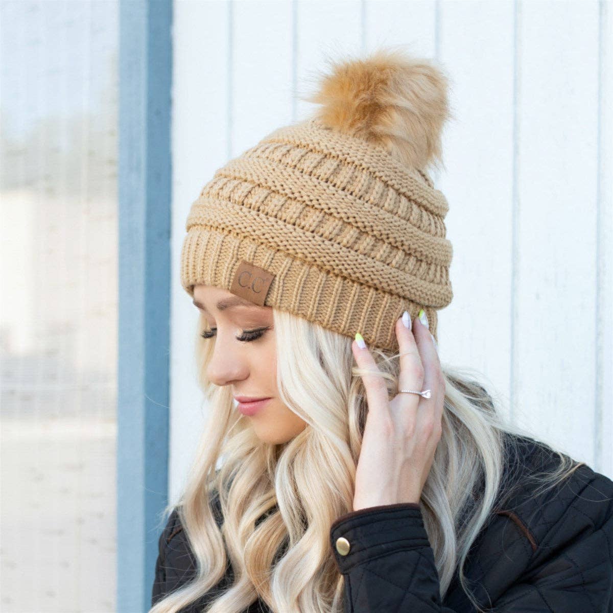CC Tan Beanie with Faux Fur Pom