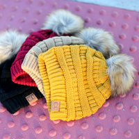 CC Tan Beanie with Faux Fur Pom