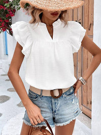 Loose Short Sleeves Ruffle Trim Solid Color Split-Joint V-Neck Blouses&Shirts Tops