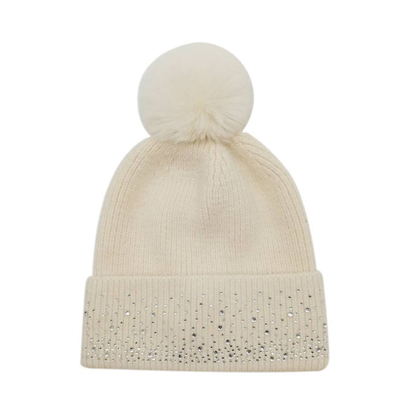 Rhinestone Cuff Beanie with Pom
