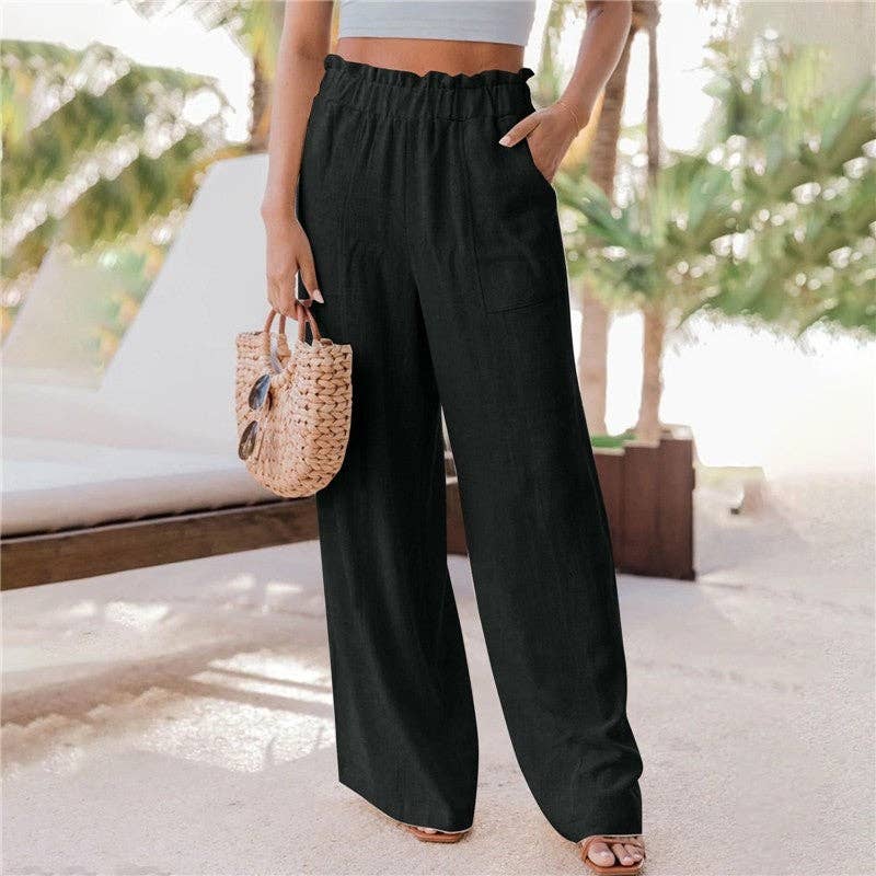 Solid Color Wide Leg Pockets Casual Loose Pants