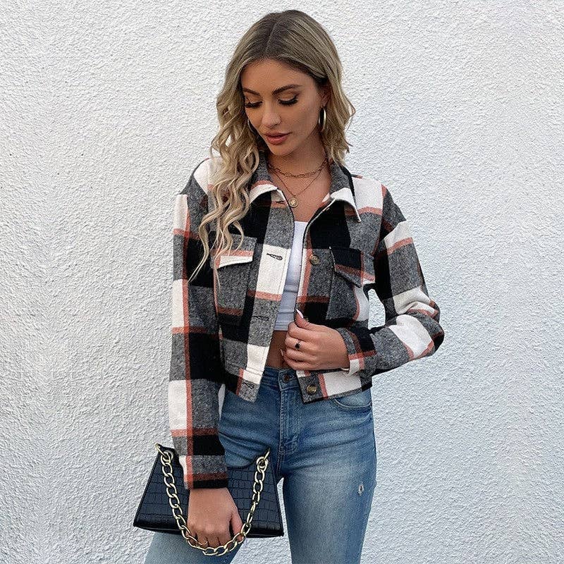 Retro Fashion Plaid Lapel Short Jacket