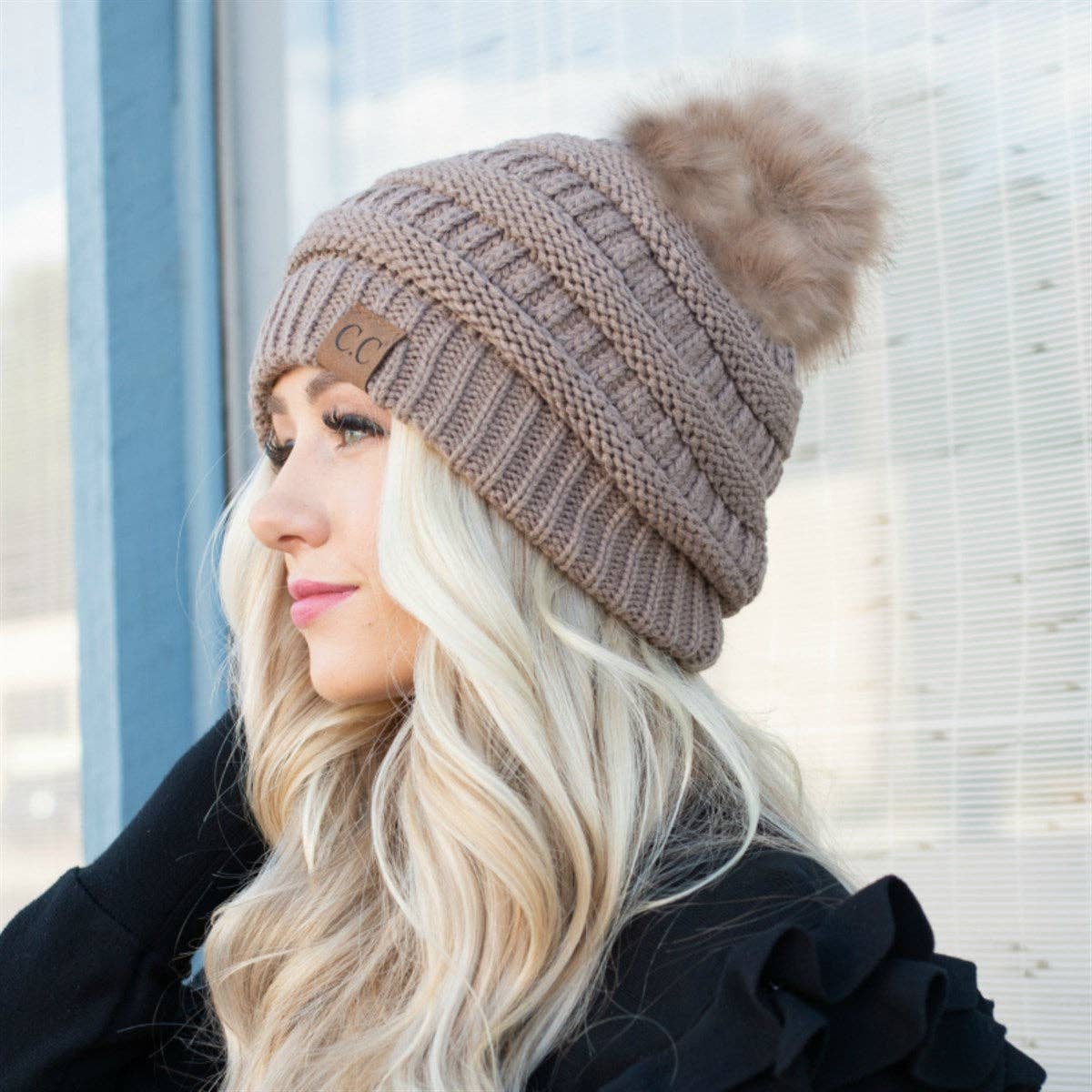 CC Tan Beanie with Faux Fur Pom