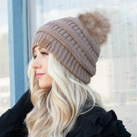 CC Tan Beanie with Faux Fur Pom