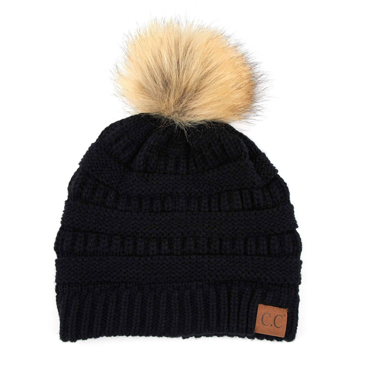 CC Tan Beanie with Faux Fur Pom