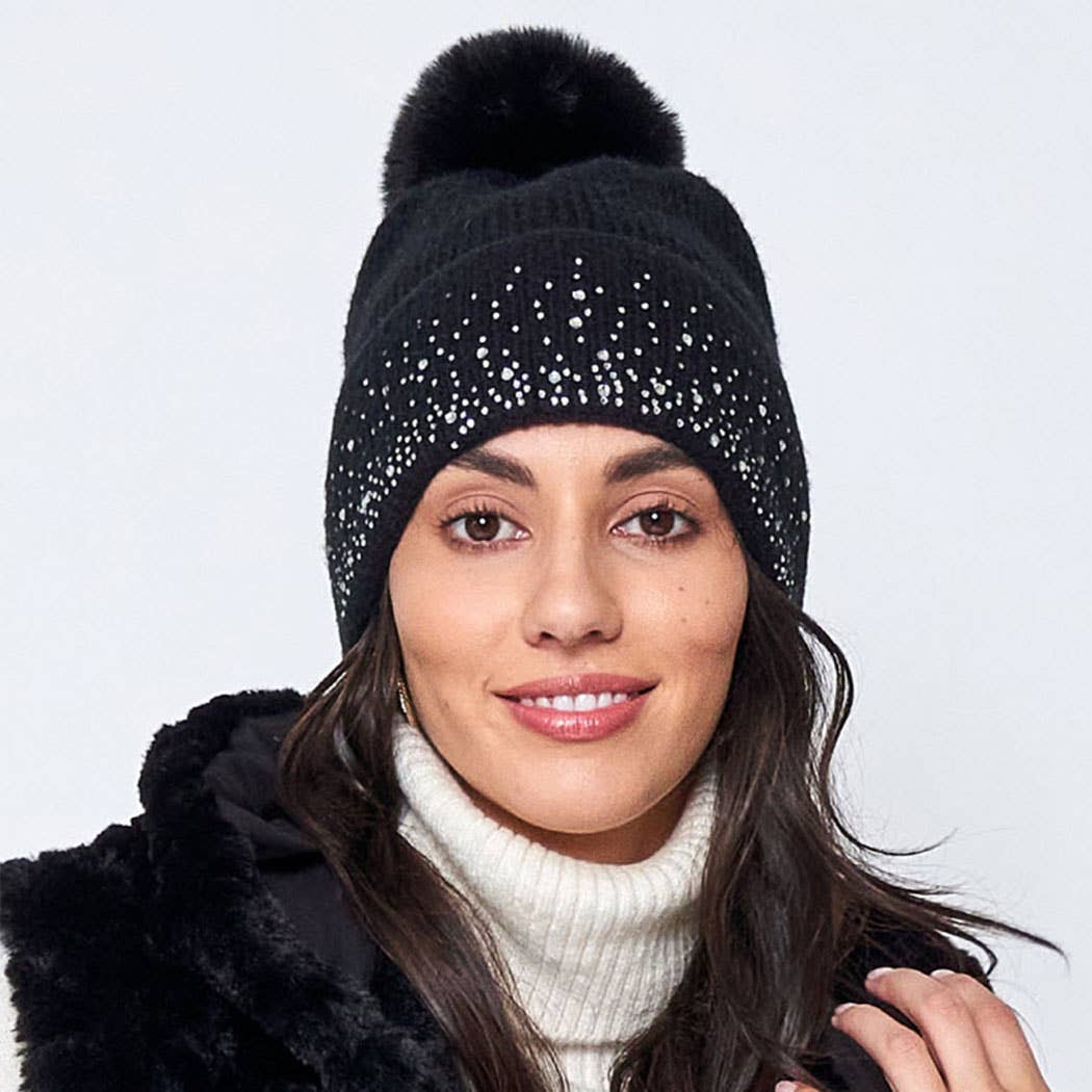 Rhinestone Cuff Beanie with Pom