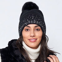 Rhinestone Cuff Beanie with Pom