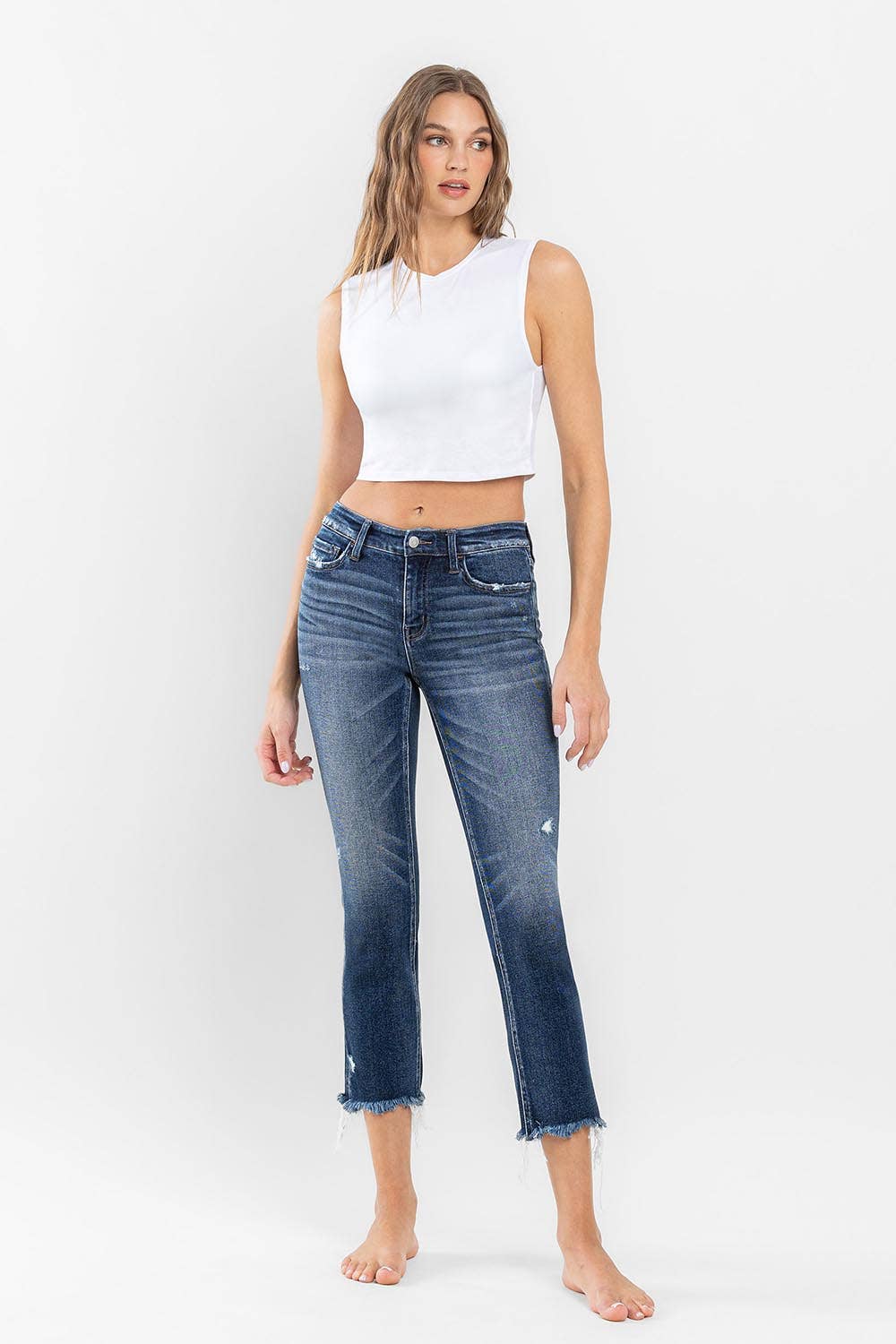 FLYING MONKEY - LOW RISE UNEVEN RAW HEM ANKLE SLIM STRAIGHT JEANS