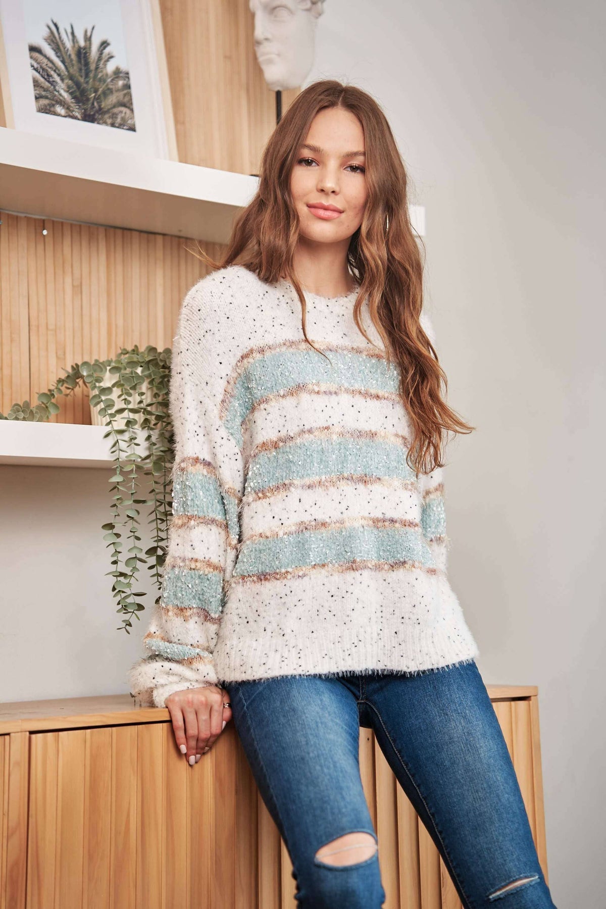 PLUS SIZE FUZZY STRIPE SWEATER