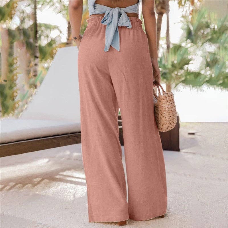 Solid Color Wide Leg Pockets Casual Loose Pants