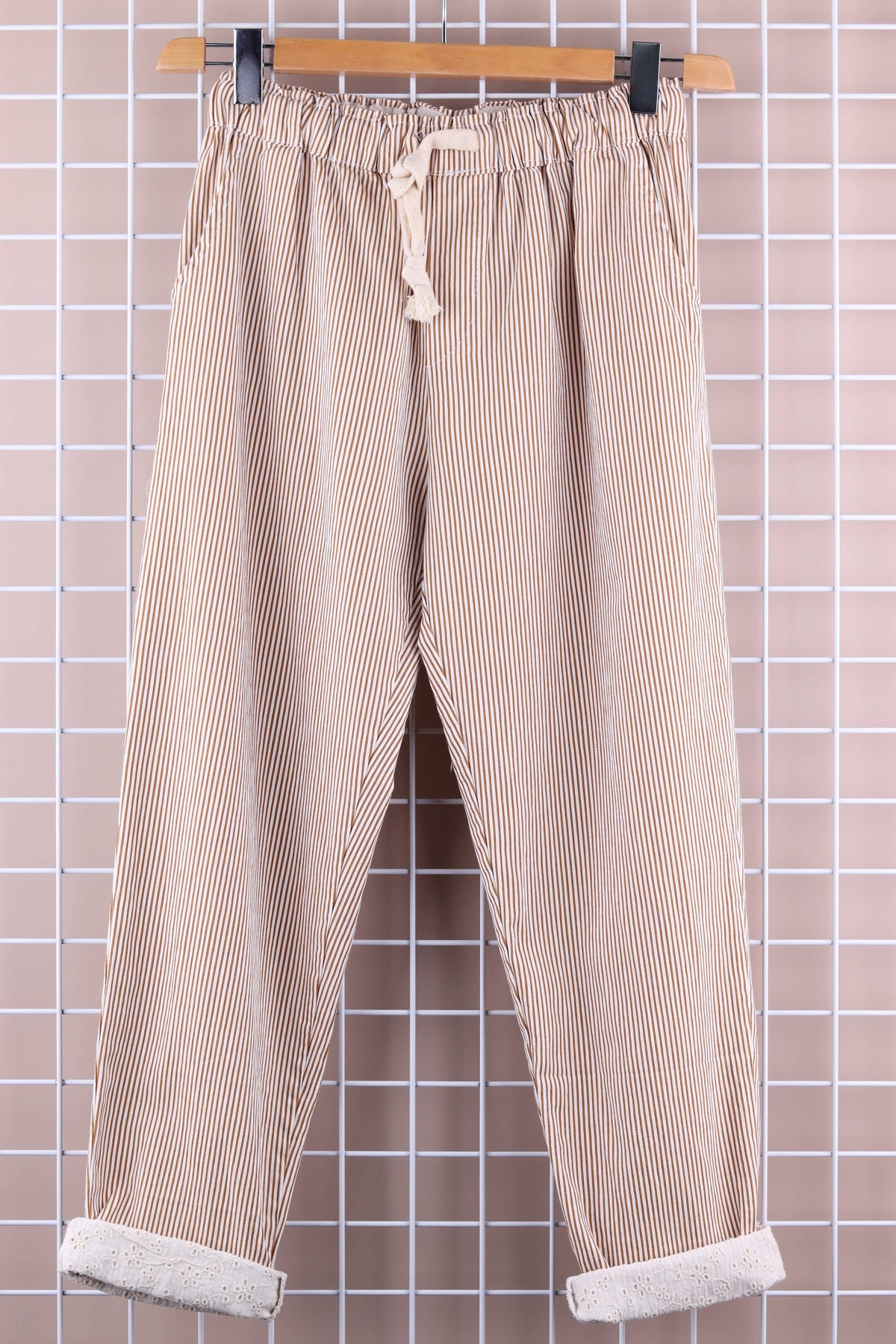 STRIPED PANTS WITH LACE CUFFS
