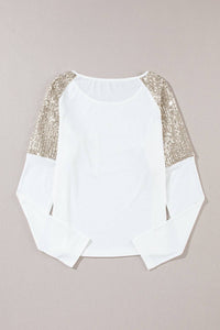 White Sequin Patch Chest Pocket Raglan Sleeve Top