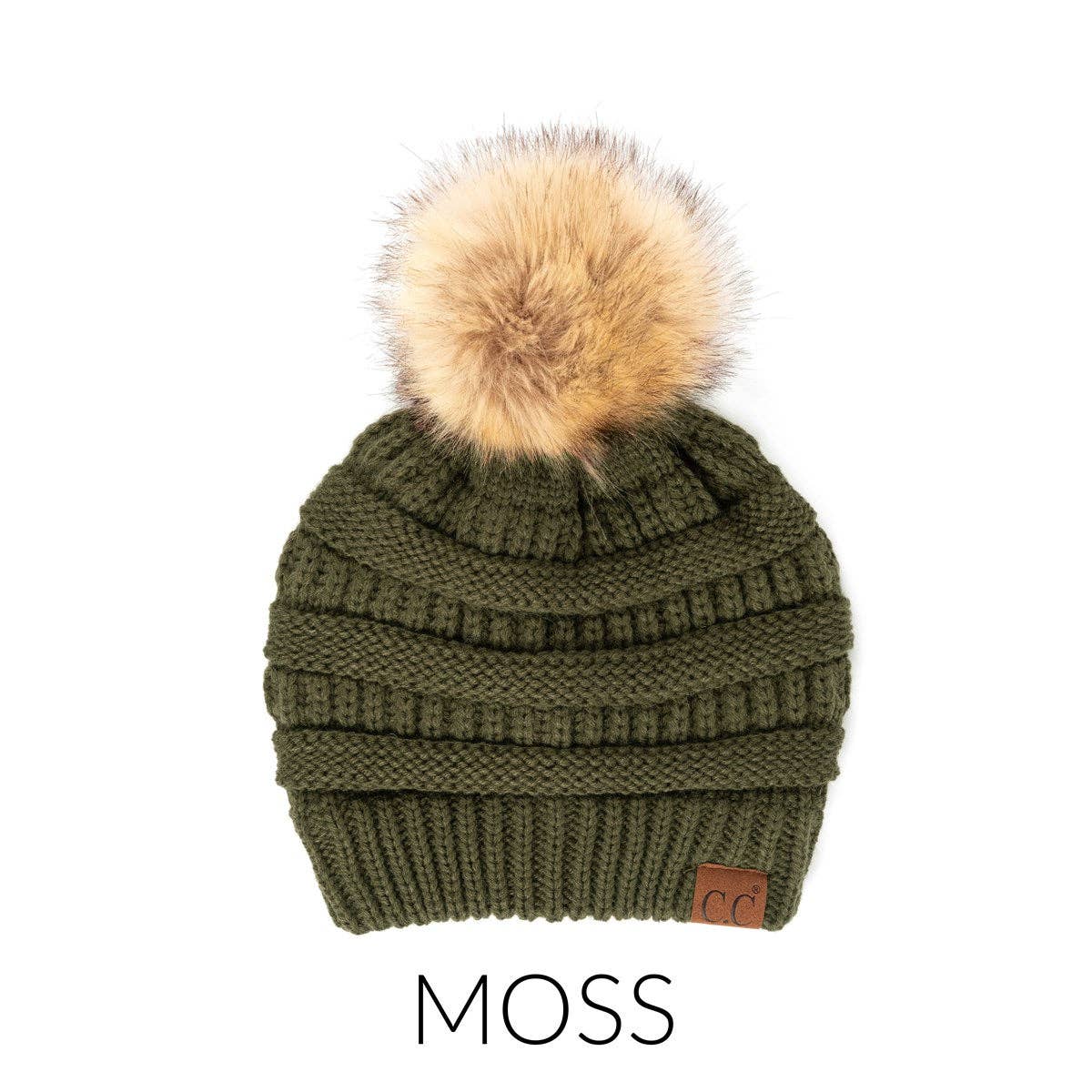 CC Tan Beanie with Faux Fur Pom