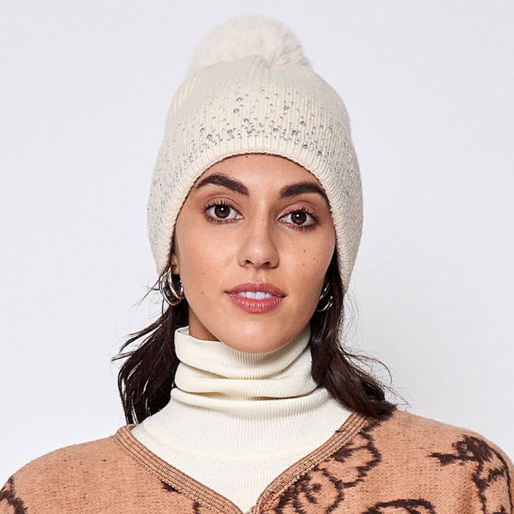 Rhinestone Cuff Beanie with Pom