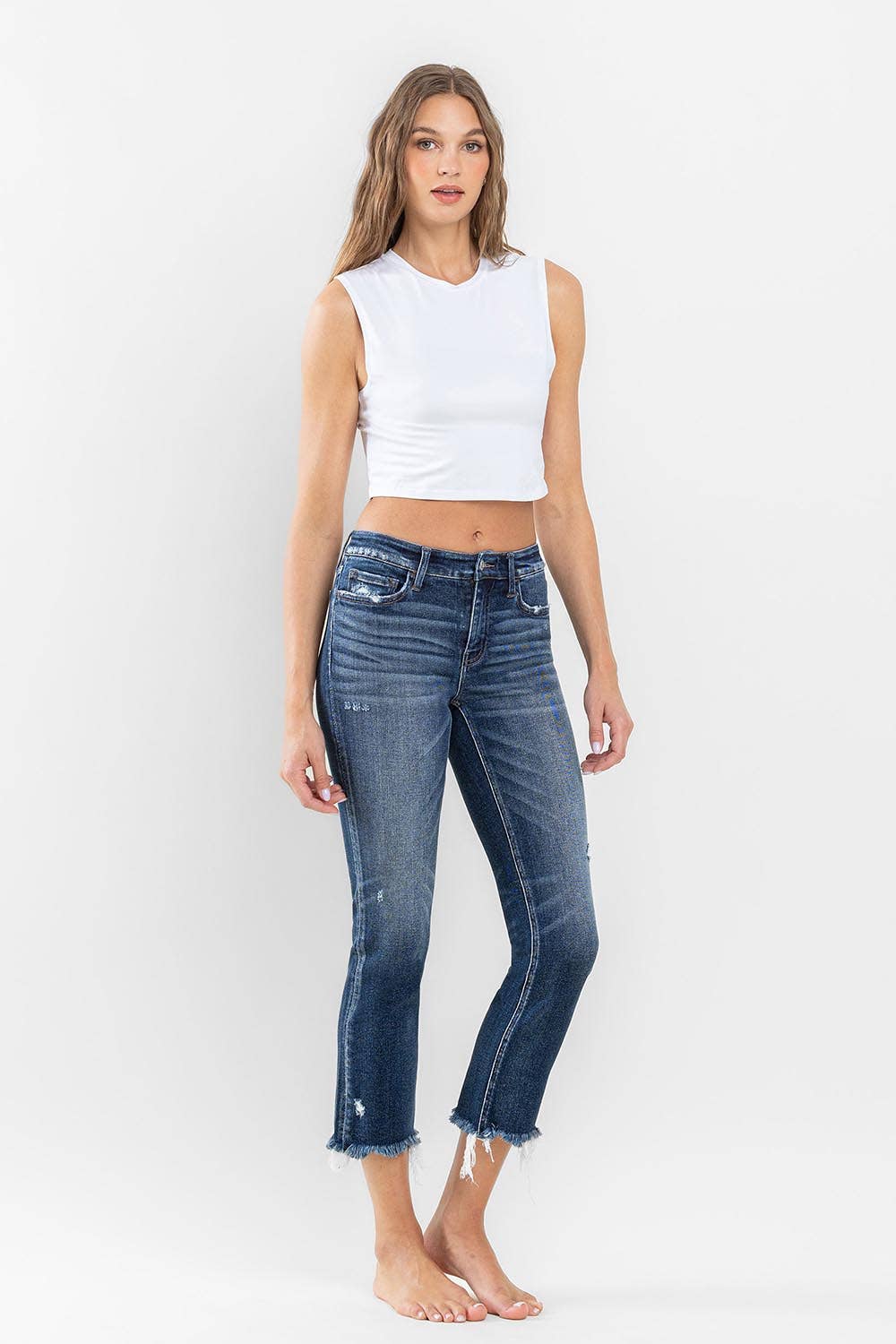 FLYING MONKEY - LOW RISE UNEVEN RAW HEM ANKLE SLIM STRAIGHT JEANS