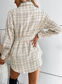 Buttoned Plaid Pockets Tied Waist Long Sleeves Loose Lapel Outerwear