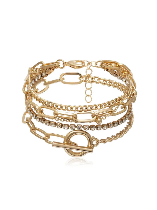 Gold Multi Layered Rhinestone Plated Chain Bracelet Set