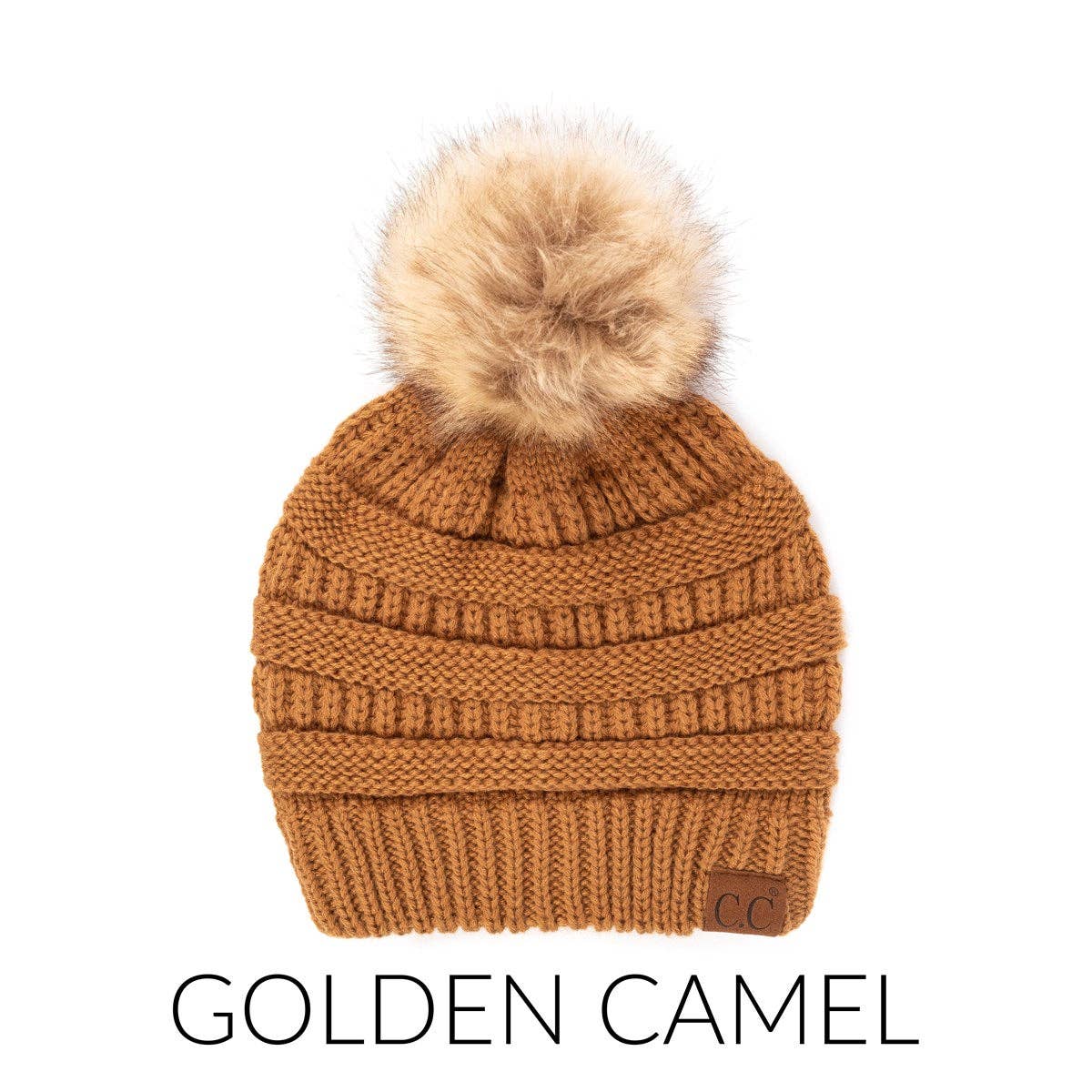 CC Tan Beanie with Faux Fur Pom