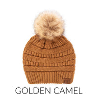 CC Tan Beanie with Faux Fur Pom