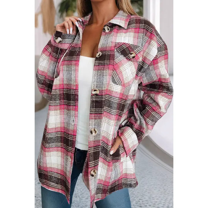 Pink & Brown Plaid Flap Pocket Button Up Shacket