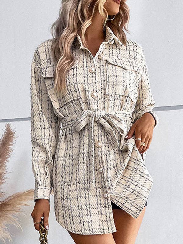 Buttoned Plaid Pockets Tied Waist Long Sleeves Loose Lapel Outerwear