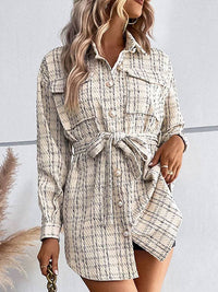 Buttoned Plaid Pockets Tied Waist Long Sleeves Loose Lapel Outerwear