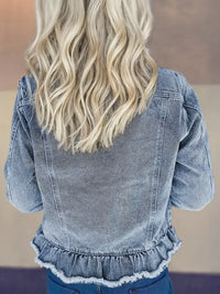 Ruffle Raw Hem Flap Pockets Denim Jacket