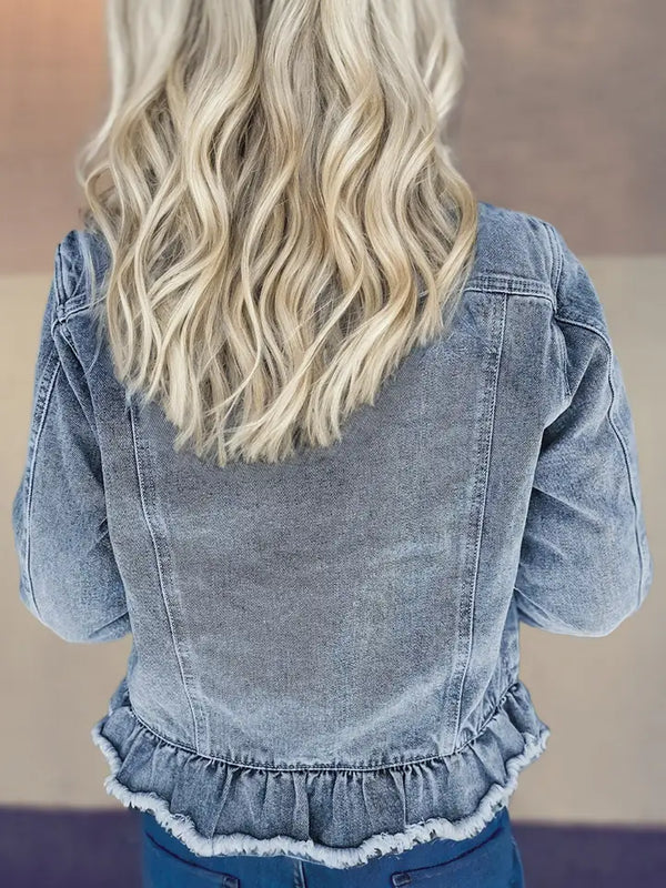 Ruffle Raw Hem Flap Pockets Denim Jacket