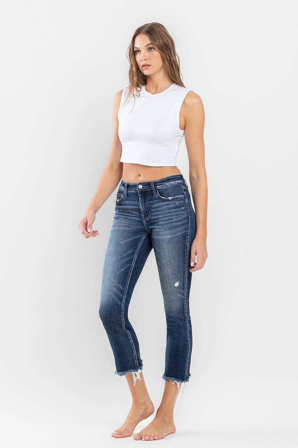 FLYING MONKEY - LOW RISE UNEVEN RAW HEM ANKLE SLIM STRAIGHT JEANS