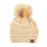 CC Tan Beanie with Faux Fur Pom