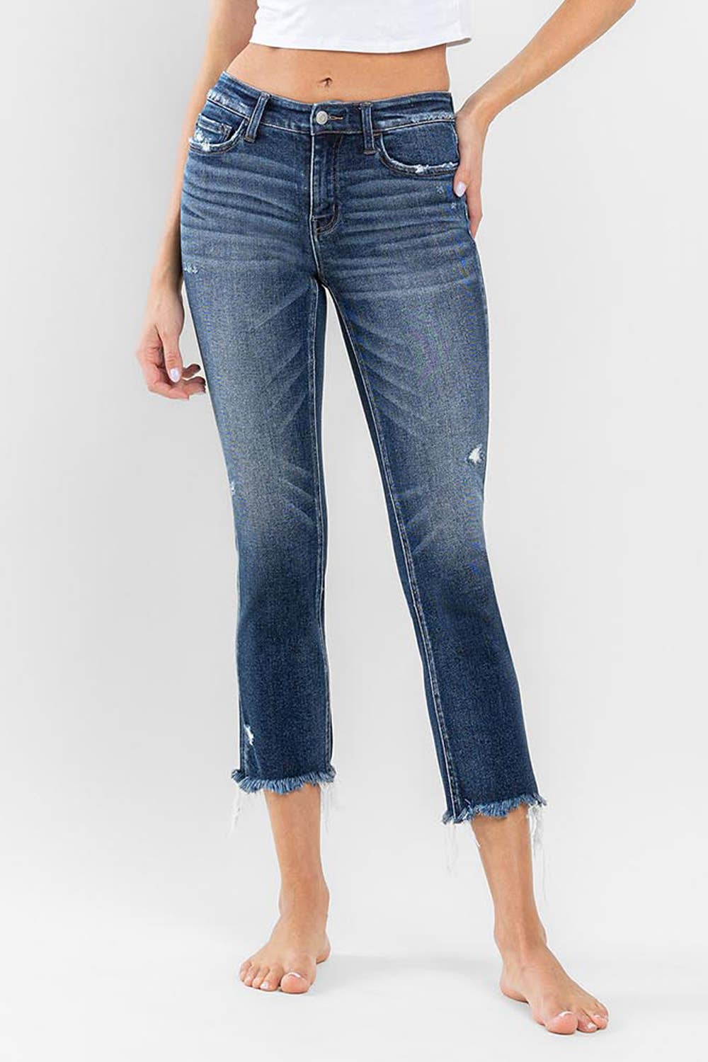 FLYING MONKEY - LOW RISE UNEVEN RAW HEM ANKLE SLIM STRAIGHT JEANS
