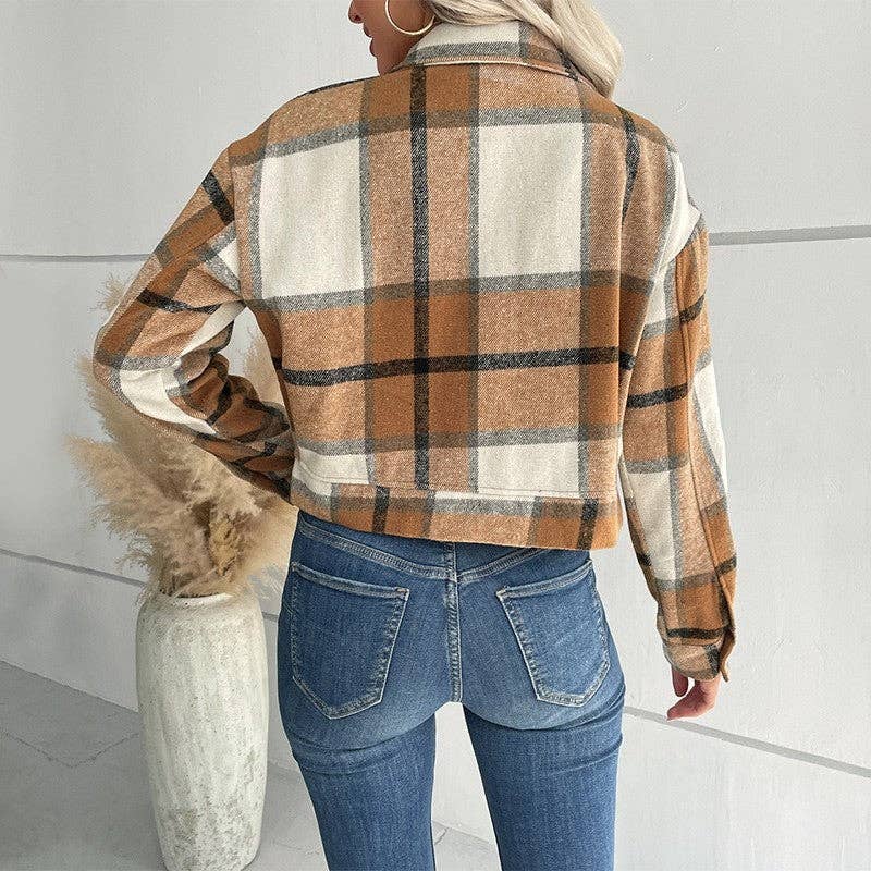 Retro Fashion Plaid Lapel Short Jacket