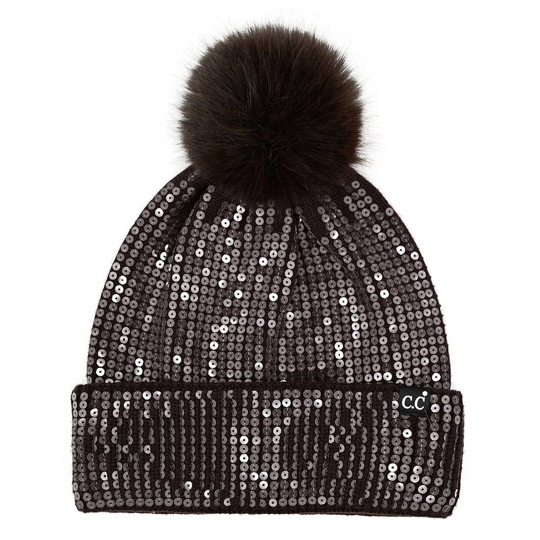 Clear Sequined Cuff Beanie with Pom Pom