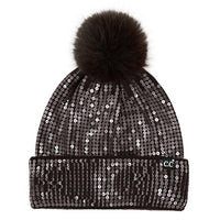 Clear Sequined Cuff Beanie with Pom Pom