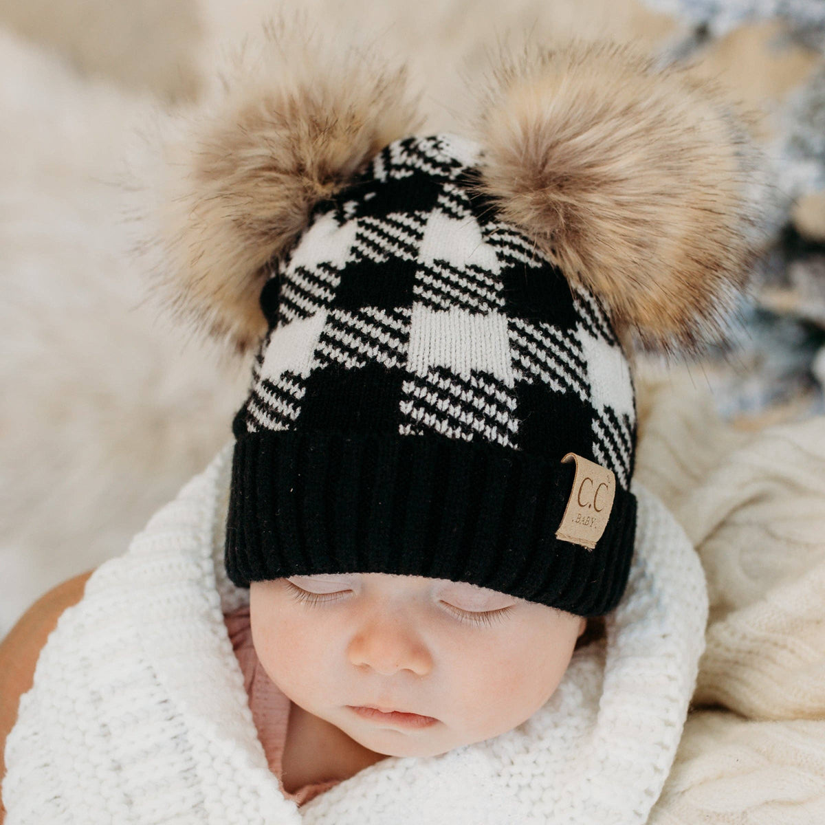 CC Baby Buffalo Plaid Double Pom Beanie ( BABY-25-POMPOM )