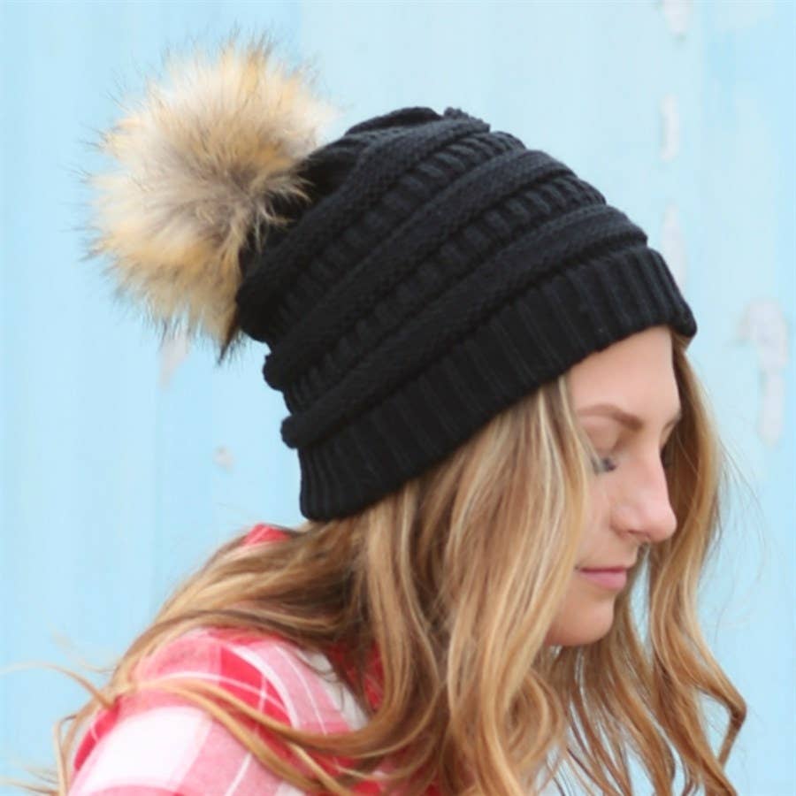 CC Tan Beanie with Faux Fur Pom