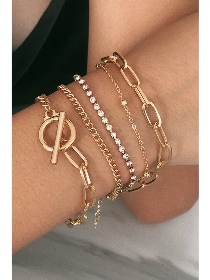 Gold Multi Layered Rhinestone Plated Chain Bracelet Set