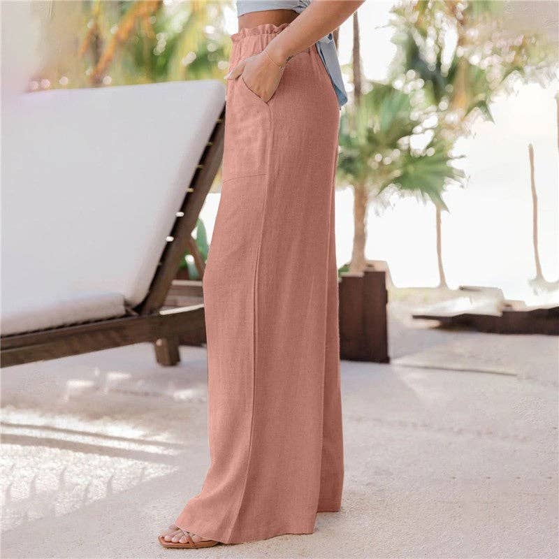 Solid Color Wide Leg Pockets Casual Loose Pants