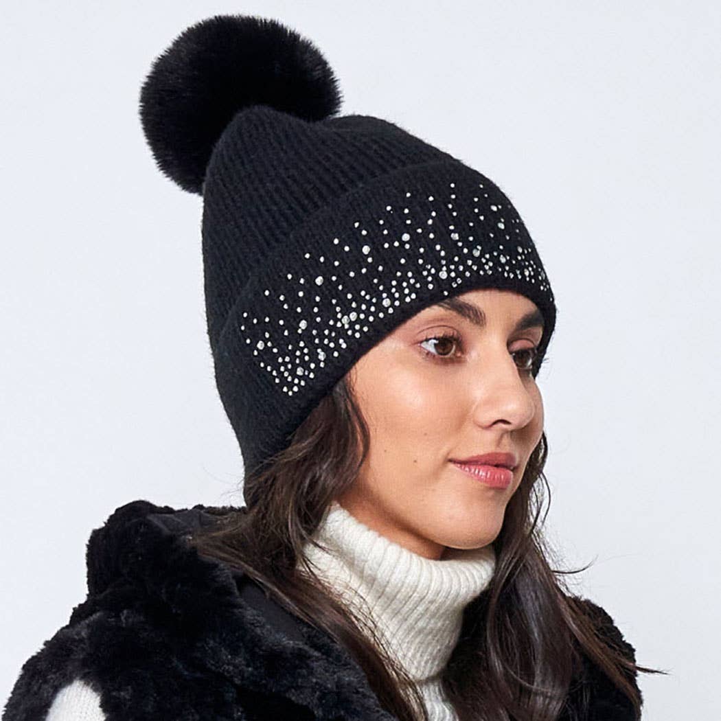 Rhinestone Cuff Beanie with Pom