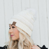 CC Tan Beanie with Faux Fur Pom