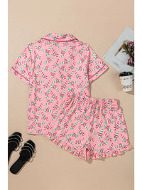 Pink Christmas Candy Cane Print Pocketed Knotted Pajama Set