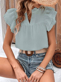 Loose Short Sleeves Ruffle Trim Solid Color Split-Joint V-Neck Blouses&Shirts Tops