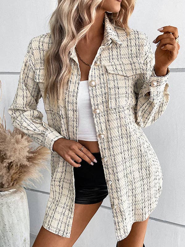 Buttoned Plaid Pockets Tied Waist Long Sleeves Loose Lapel Outerwear