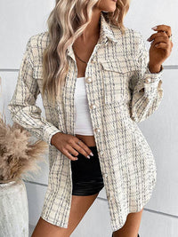 Buttoned Plaid Pockets Tied Waist Long Sleeves Loose Lapel Outerwear