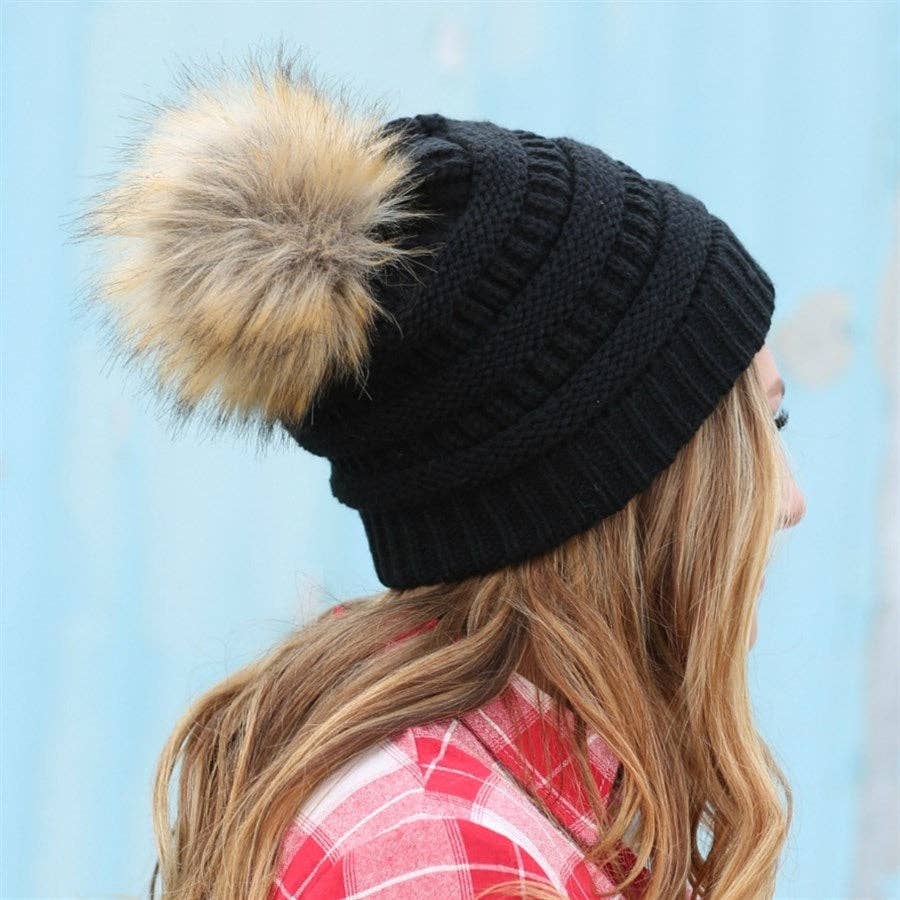 CC Tan Beanie with Faux Fur Pom