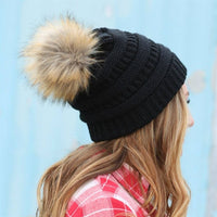 CC Tan Beanie with Faux Fur Pom
