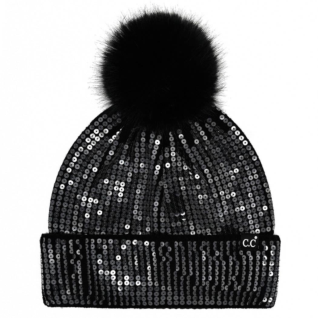Clear Sequined Cuff Beanie with Pom Pom
