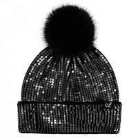 Clear Sequined Cuff Beanie with Pom Pom