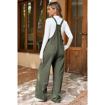 Black Solid Pocketed Loose Fit Corduroy Overall