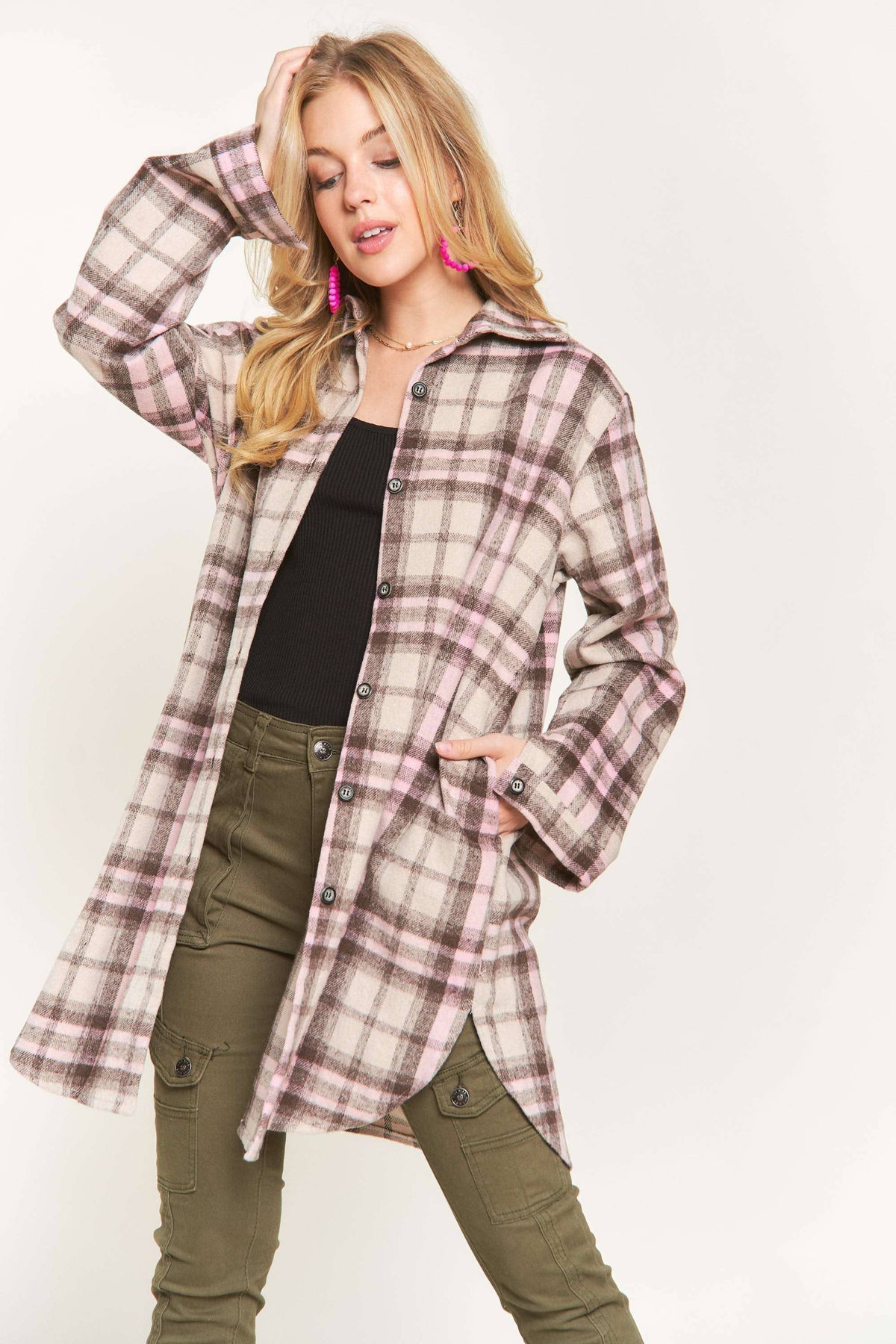 BUTTON DOWN PLAID SHACKET